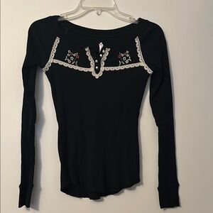 Free People Black Embellished Fitted Long Sleeve Blouse